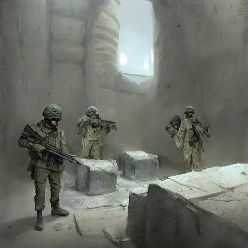 Image similar to two soldiers hiding in an bunker, Matte painting , detailed painting, greg rutkowski