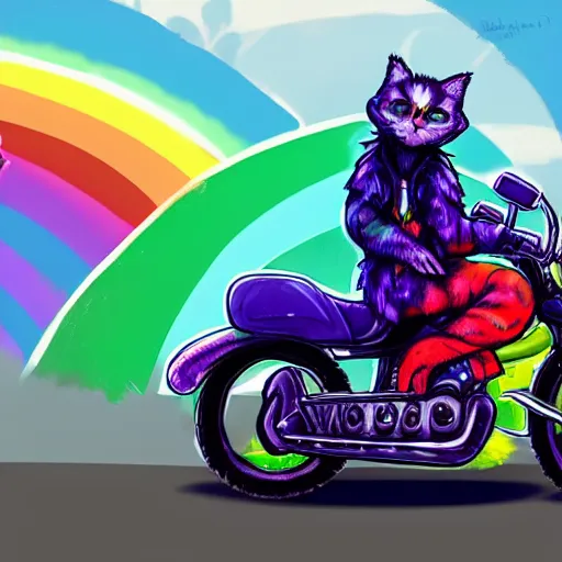 Image similar to wide angle full body, jacket wearing fluffy cute rainbow kitten wearing a black leather motorcycle jacket, riding on a motorcycle, cinematic concept art