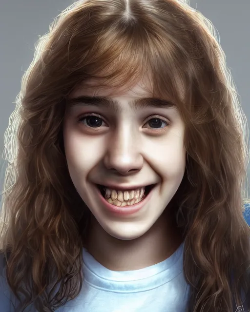 Image similar to close up portrait of 1 5 - year - old girl, smile with large front teeth, hermione granger, very bushy brown hair, and very bright brown eyes, wearing white shirt, hyper realistic face, beautiful eyes, character art, art by mark brooks, hyperdetailed, cryengine, trending on artstation, digital art