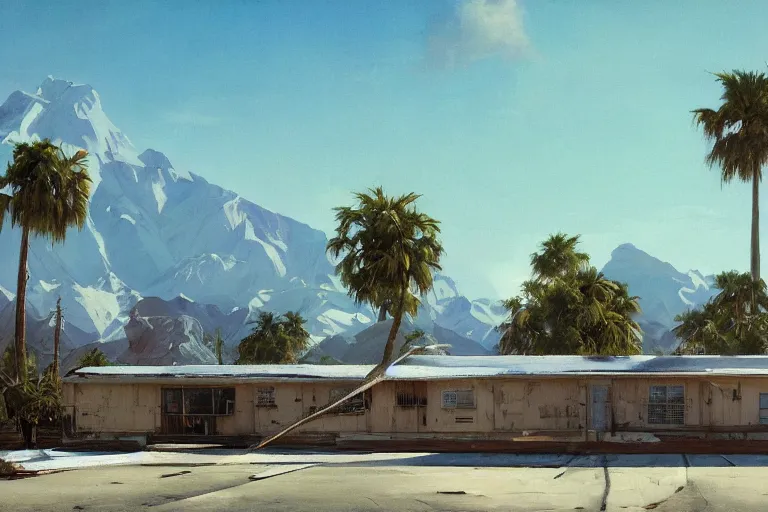 Image similar to natural american landscape | abandoned motel | palm trees | snowy mountains, painting by syd mead and weta studio and james jean, frank frazetta, highly detailed, rule of third, soft lighting, 8 k resolution, oil on canvas, architectural magazine, beautiful detailed, insanely intricate details, artstation trending, hypermaximalistic, high details, cinematic