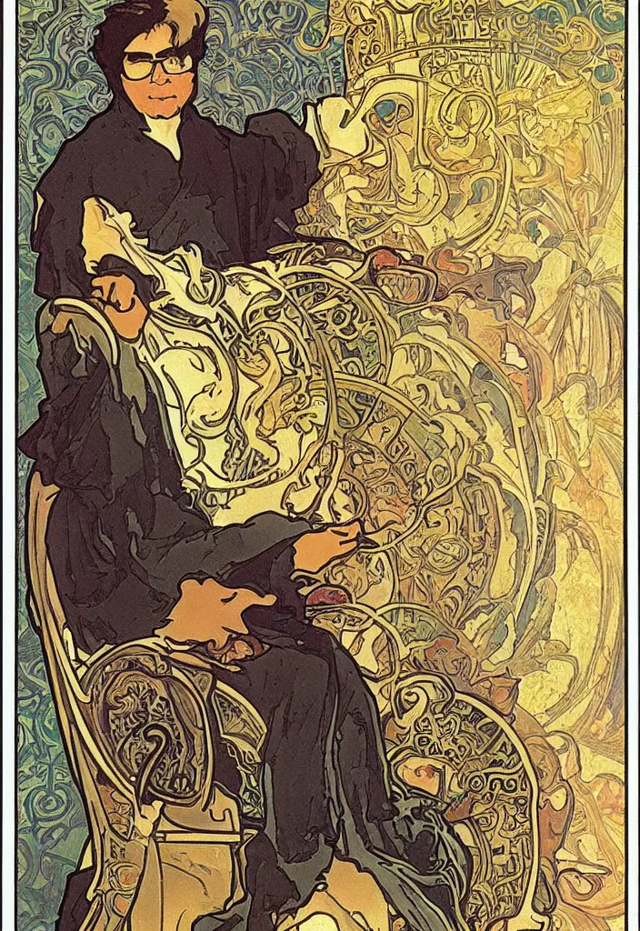 Image similar to Yann LeCun sitting on the throne on a tarot card, illustrated on the Rider–Waite tarot, art style by Alphonse Mucha