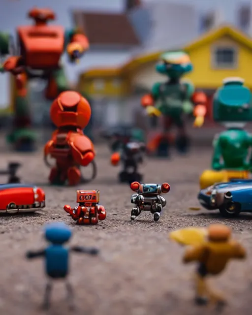 Image similar to high quality presentation photo of a a detailed miniature diorama of retro toy robots invading a detailed model of a 1950s town, photography 4k, f1.8 anamorphic, bokeh, 4k, Canon, Nikon