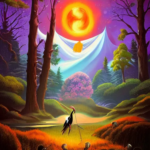 Prompt: an acrylic painting of a giant stork on a fishing pole on a wizard in the woods by a demon tree,, poster art by rhads, behance contest winner, psychedelic art, cosmic background