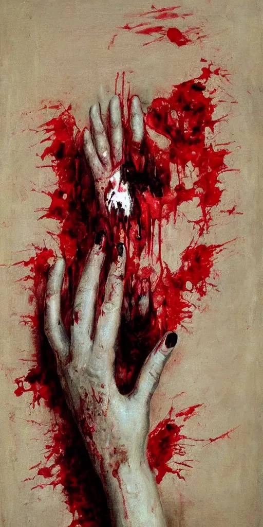 Image similar to by 1 9 th century famous painter, hands, nail polish, blood smear, blood dripping, horror, knife, realism, realistic, oil painting, red wallpaper background