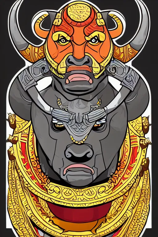 Prompt: A portrait of a bull as evil warlord general, sticker, Anthropomorphized, portrait, highly detailed, colorful, illustration, smooth and clean vector curves, no jagged lines, vector art, smooth