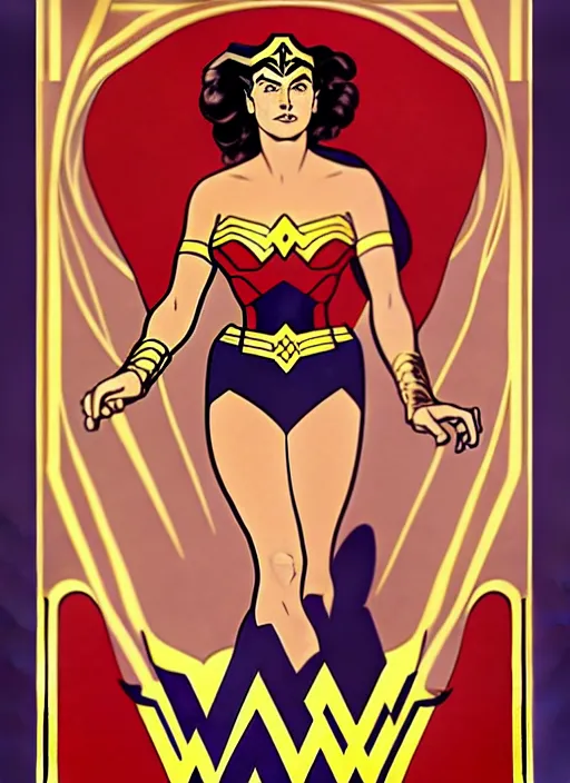 Image similar to well - lit art nouveau portrait of ingrid bergman as wonder woman in the poster for the 1 9 4 8 film'wonder woman versus the robots '. beautiful. powerful, natural lighting, path traced, highly detailed, high quality, cartoon, digital painting, by don bluth and ross tran and studio ghibli and alphonse mucha