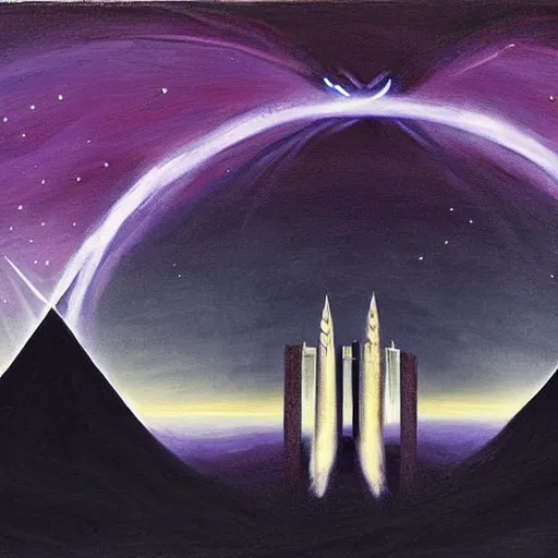 Prompt: Painting in the style of The Lord of the Rings, Two Towers resembling the World Trade Center Twin Towers, Golden Gate Bridge in the distant background between the towers, a glowing black hole in the night sky in front of the Milky Way, red-hooded magicians casting purple colored spells towards the towers, white glowing souls flying out of the towers to the black hole