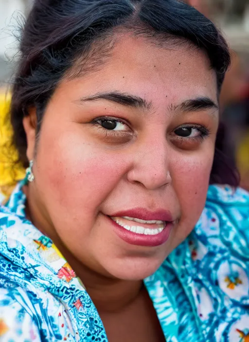 Prompt: close up portrait of a beautiful, chubby, 30-year-old Cuban woman, happy, candid street portrait in the style of Martin Schoeller, award winning, Sony a7R