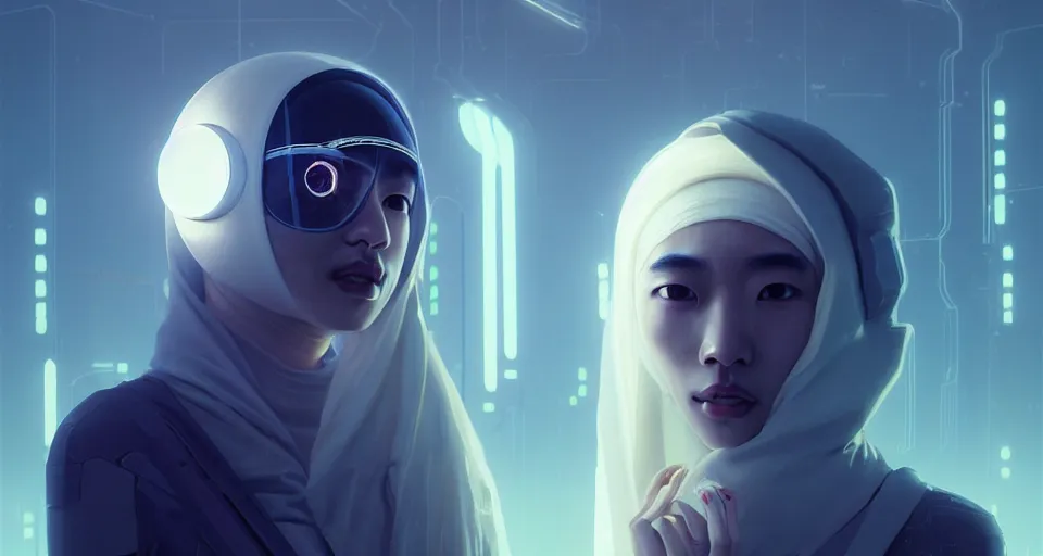 Image similar to portrait of yael shelbia and kang seul - gi, venus squid astronaut, burka, symetrical facial, white hair, intricate design details. cyberpunk, rioter, by ruan jia and beeple. smooth gradients, deep space.