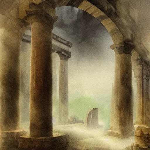 Image similar to a realistic painting hazy misty mythical spirit walking around the ruins of an old roman city in the style of elizabeth jane gardner