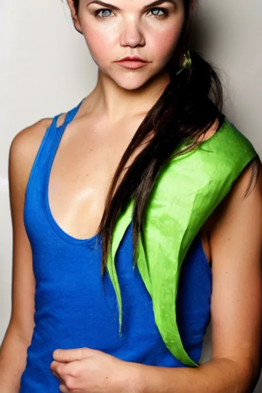 Image similar to fantasy character photo. facial expression of manic obsessive love. danielle campbell. black hair in ponytail. bright blue eyes. tall, lanky, athletic, wiry, slightly muscular. sleeveless light green dress. gleefully telling a bs story full of lies