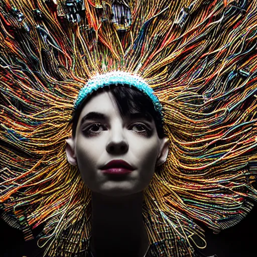 Image similar to tapping in to something greater, piles of modular synth cables, goddess portrait wearing a big headpiece made of circuit boards in a photo shoot for balenziaga, wlop, stanley kubrick, masamune, unique perspective, eastman color, perfect details, trending on artstation, 3 d render, smooth render, wlop