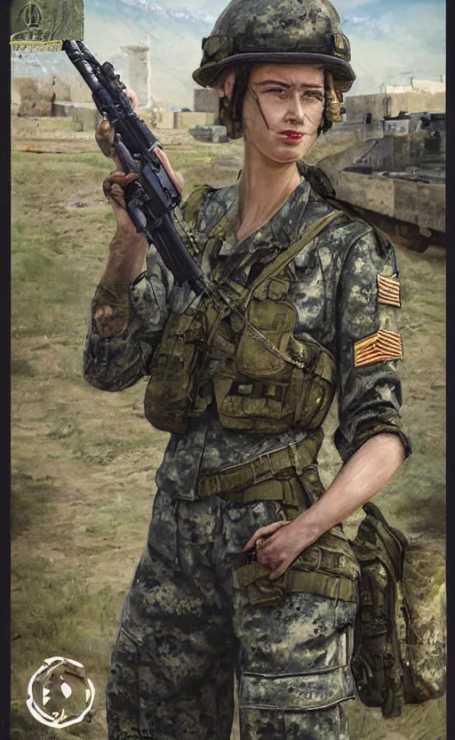 Prompt: portrait of a female soldier, highly detailed, high resolution, military camp in the background, the front of a trading card, illustration, stunning, marginal operation, bokeh soft, matte, 100mm, by professional photographer, by shibafu, by shizuma yoshinori, studio mappa, realistic human anatomy, realistic military carrier, modern warfare, realistic weapon, shot with a arriflex 35 ii, low saturation, small eyes