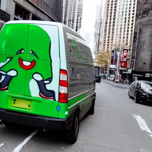 Prompt: yoshi running from van on city streets