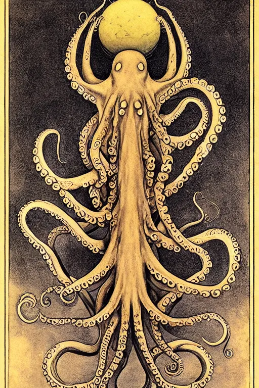 Image similar to occult diagram of octopus in the style of wayne barlowe, gustav moreau, goward,  Gaston Bussiere and roberto ferri, santiago caruso, denis forkas, jose gabriel alegria sabogal, composition by austin osman spare