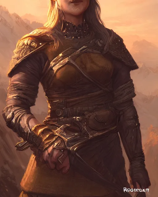 Prompt: the elder scrolls vi, charismatic rugged female nord warrior portrait, illustration, rim light, top light, perfectly shaded, golden hour, epic, intricate, soft painting, art by ross tran, krenz cushart and wenjun lin