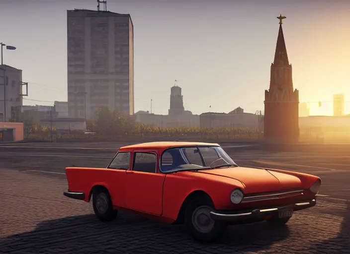 Prompt: hyperrealistic matte painting of gta game in moscow, 1 9 6 0, playstation 5 screenshot, man in adidas, mega details, golden hour, beautiful rtx reflections, soviet suburbs, photorealistic, unreal engine 5, octane render, volumetric light, featured on cg society, 4 k, 5 0 mm bokeh, russian lada car, artstation