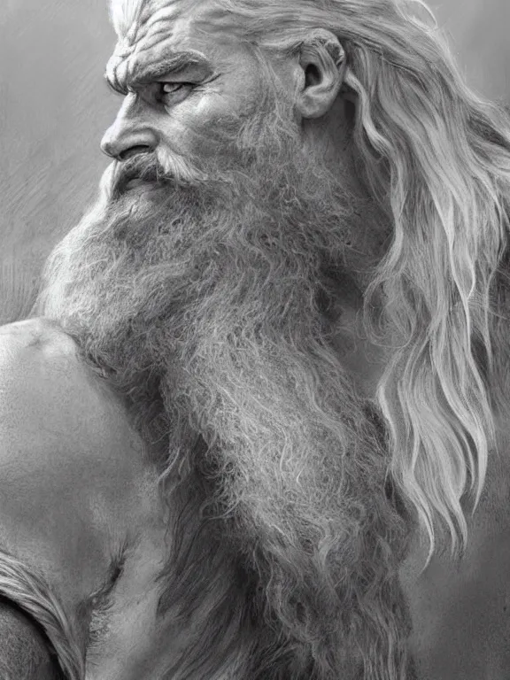 Image similar to painted portrait of rugged odin, god of war, old viking, norse god, white hair, masculine, mature, handsome, upper body, grey and silver, muscular, hairy torso, fantasy, intricate, muscular, elegant, highly detailed, digital painting, artstation, concept art, smooth, sharp focus, illustration, art by gaston bussiere and alphonse mucha