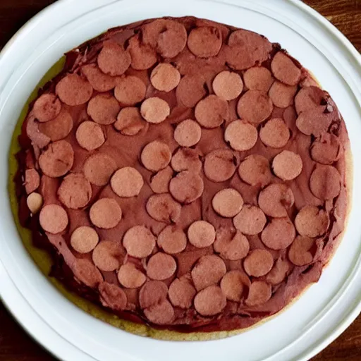 Prompt: a cookie cake that has pepperoni on it