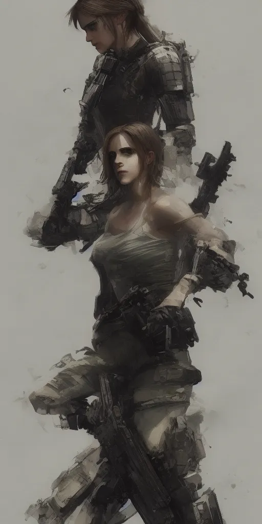 Image similar to emma watson wearing metal gear armor holding ak-47 dramatic lighting art by Yoji Shinkawa by Richard Schmid by greg rutkowski by Sandra Chevrier by Jeremy Lipking cinematic dramatic