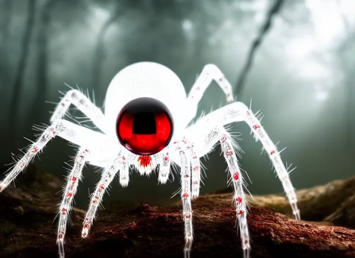 Image similar to white crystal clear spider with huge red eyes in a forest. highly detailed 8 k. intricate. lifelike. soft light. fantasy horror style. cinematic post - processing