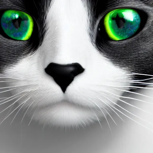 Image similar to a portrait of a beautiful black and white cat wearing a tuxedo with colorful bright green eyes, hd, 8k, hyper-realism, detailed, 3D render