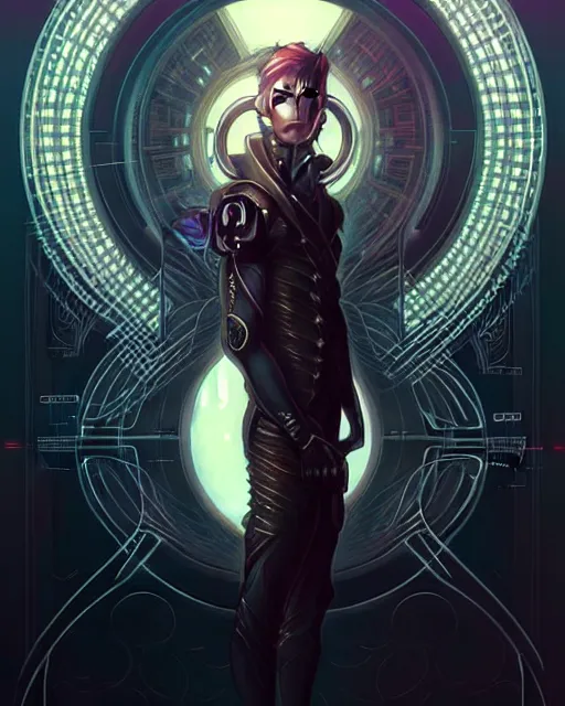 Image similar to Beautiful ethereal cyberpunk man, art nouveau, fantasy, intricate binary and electronic designs, elegant, highly detailed, sharp focus, art by Artgerm and Greg Rutkowski and WLOP