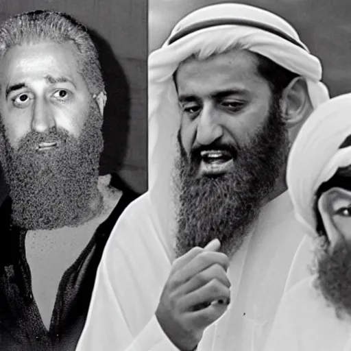 Prompt: bill clinton, osama bin laden and bigfoot eating babies together in dubai