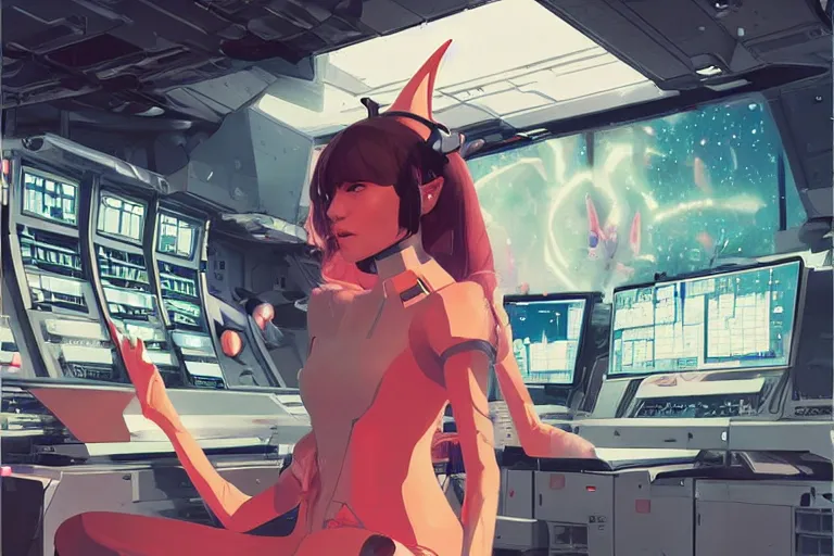 Image similar to neko woman with cat ears in a space ship control room, futuristic, digital art, by conrad roset, by yoshitaka amano, by greg rutkowski, concept art, beautiful face, 4 k, vector art