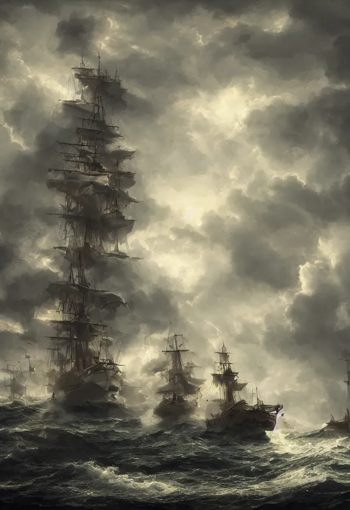 Prompt: intense ship persecution, ship being persecuted by a police ship over raging turbulent waters, hyper realistic, highly detailed, digital art, apocalyptic, intimidating lighting, raytracing, sharp focus, smooth, romanticism