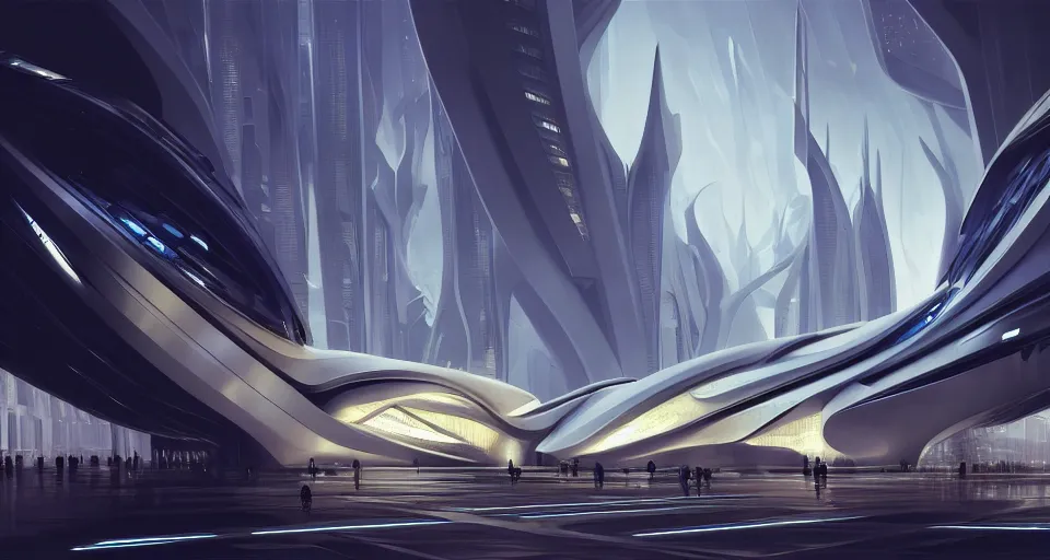 Image similar to cinematic shot, futuristic building, crowded, utopian, zaha hadid, shiny, white, lights, digital painting, artstation, concept art, smooth, sharp focus, illustration, intricate, elegant, highly detailed, in the style of greg rutkowski and alphonse mucha and artemisia, 8 k, highly detailed, jurgens, rutkowski