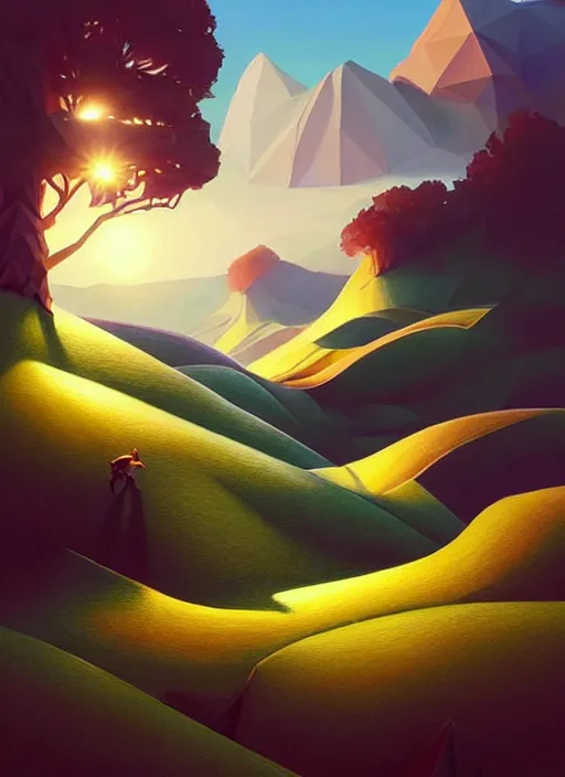 Image similar to summer afternoons in the low - poly hills, the hills are made of polygons, diffuse lighting, fantasy, intricate, surrealism!!!!, highly detailed, lifelike, photorealistic, digital painting, artstation, illustration, concept art, smooth, sharp focus, by greg rutkowski, chris tulloch mccabe, valentina remenar and asher duran,