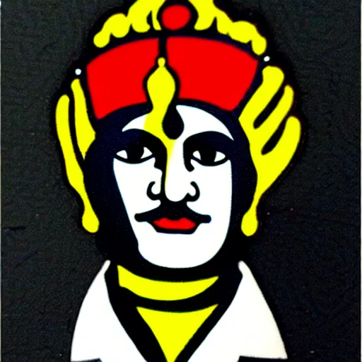 Image similar to indian god and politician, sticker in style of roy lichtenstein, plain black background, dye cut sticker