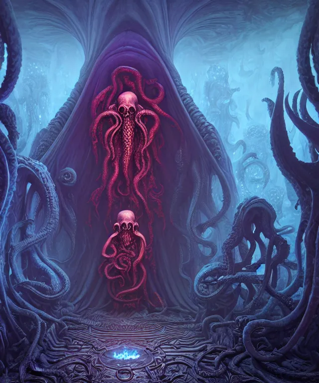 Image similar to hooded necromancer in front of a cthulhu within a viscosity fluid lovecraft portal, digital art by dan mumford and peter mohrbacher and wayne barlowe, intricate detail, subsurface scattering, ray tracing, unreal engine, octane render, synthwave color scheme