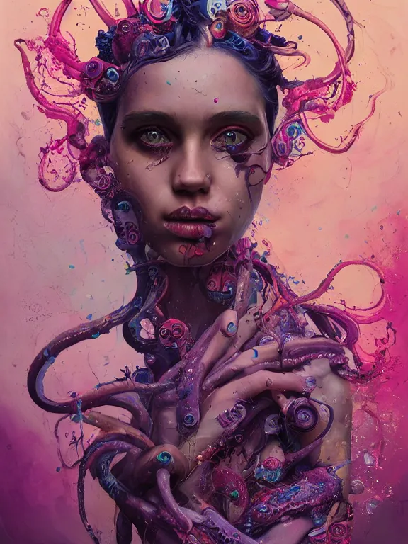 Prompt: art portrait of a girl with purple tentacles on her head,8k,by tristan eaton, Stanley Artgermm,Tom Bagshaw,Greg Rutkowski,Carne Griffiths,trending on DeviantArt,face enhance,hyper detailed,minimalist,cybernetic, ,full of colour