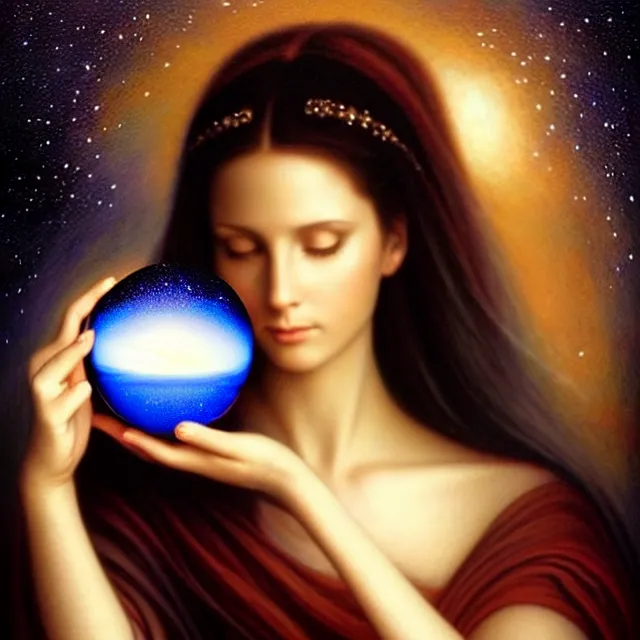 Prompt: beautiful!! mystic with a crystal ball that has a galaxy inside artgerm anne stokes highly detailed 8 k hdr smooth sharp focus high resolution award - winning photo photorealistic