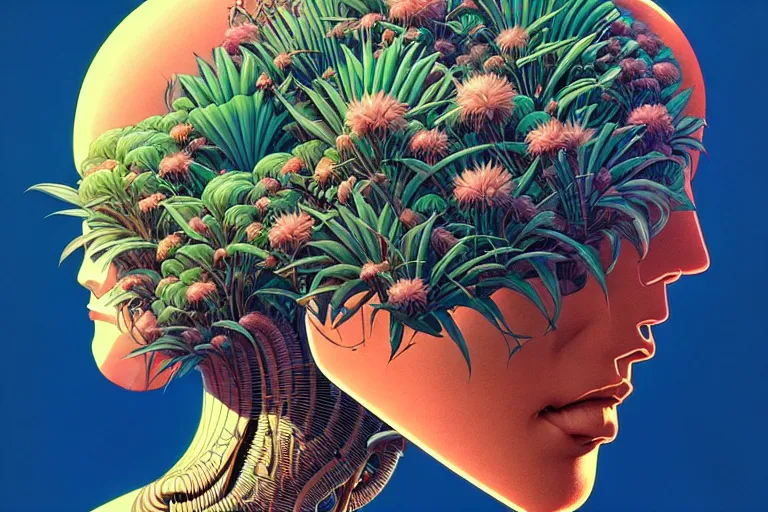 Image similar to gigantic robot head, a lot of exotic vegetation, trees, flowers by moebius, junji ito, tristan eaton, victo ngai, artgerm, rhads, ross draws, hyperrealism, intricate detailed, risograph