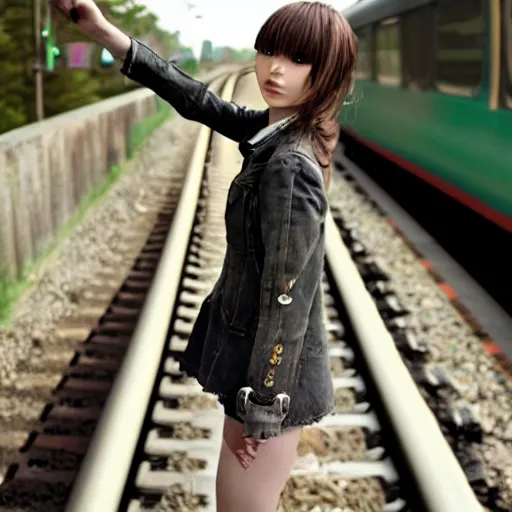 Prompt: a cute anime girl standing on the edge of a moving train