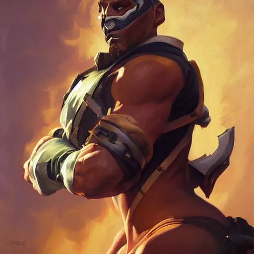 Image similar to greg manchess portrait painting of smoke from mortal kombat as overwatch character, medium shot, asymmetrical, profile picture, organic painting, sunny day, matte painting, bold shapes, hard edges, street art, trending on artstation, by huang guangjian and gil elvgren and jesper ejsing