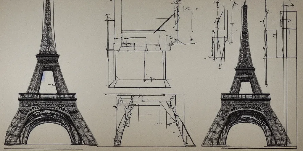 Prompt: architectural schematics of Eiffel Tower, drawn by Leonardo da vinci, in the style of Bauhaus