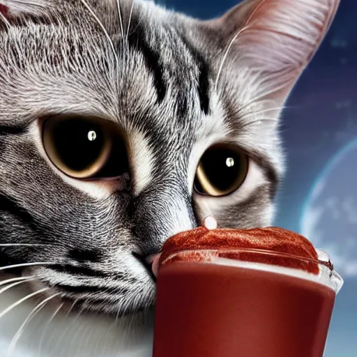 Prompt: a cat drinking a milkshake on the moon, high detail, vivid, portrait, great detail, 8 k, 4 k uhd, high definition, realistic