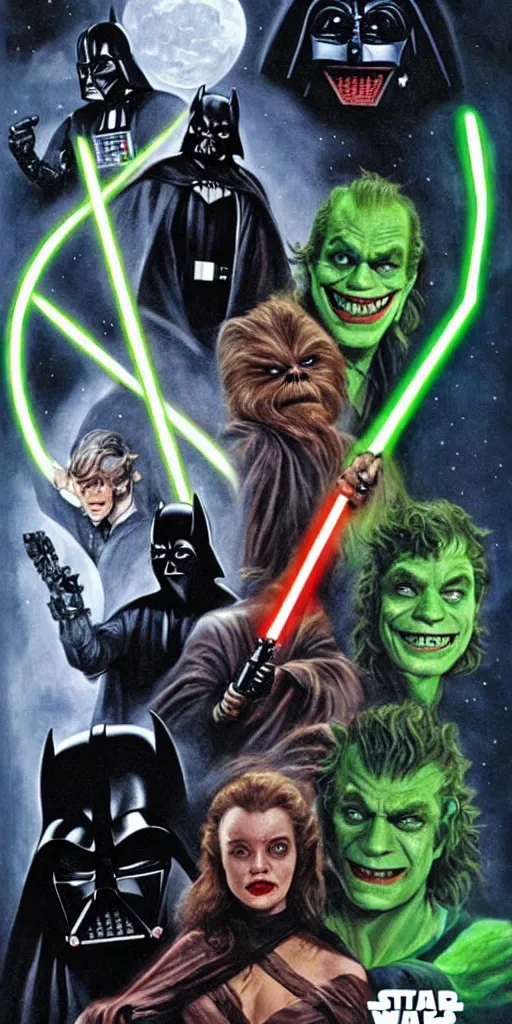 Image similar to a Star Wars Return of the Jedi movie poster with Batman, the Joker, the Green Goblin, and Catwoman