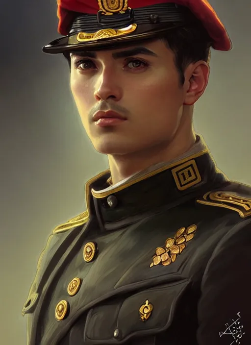 Prompt: portrait of stoic looking young soldier, military uniform, black hair, thick eyebrows, fantasy, intricate, elegant, highly detailed, centered, dark, smokey, digital painting, artstation, concept art, smooth, sharp focus, illustration, art by artgerm and greg rutkowski and alphonse mucha