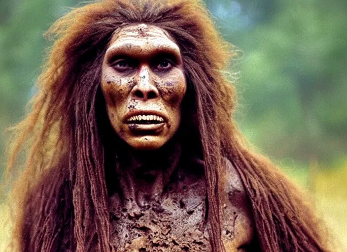 Prompt: beautiful supermodel neanderthal woman covered in mud, movie still, from the movie quest for fire, 8 k, realistic