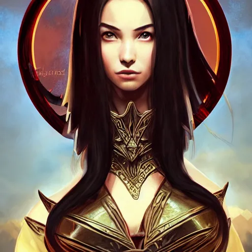 Image similar to Portrait of teenage sorceress Azula wearing skintight black leather armor, Avatar the Last Airbender, Dungeons and Dragons, Lord of the Rings, intricate, elegant, highly detailed, digital painting, artstation, concept art, smooth, sharp focus, illustration, art by artgerm and greg rutkowski and alphonse mucha and andrei riabovitchev