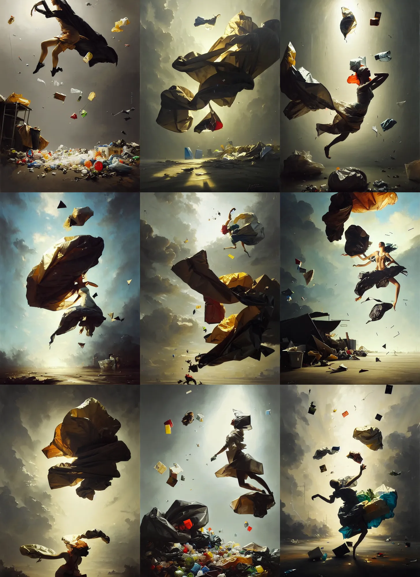 Prompt: fine art oil painting of a plastic garbage bag and garbage flying around, perspective, ultra detailed, elegant, intricate, dynamic lighting, hyperrealism, sharp focus, art by peter mohrbacher and ashley wood and andrei riabovitchev