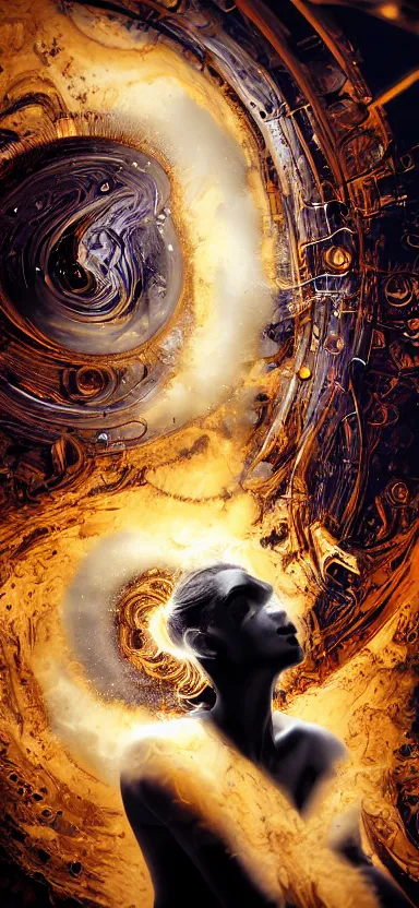 Prompt: epicillustration, abstract sculpture of beautiful female body and black swirling liquifying acrylic portrait, fluffy clouds, mechanical superstructure, glowing edges, golden hour, beautiful light, sculpture of carving marble, dark colors, dark mood, one point light, golden spirals, clockwork, epic matte painting, concept art, bokeh, digital painting