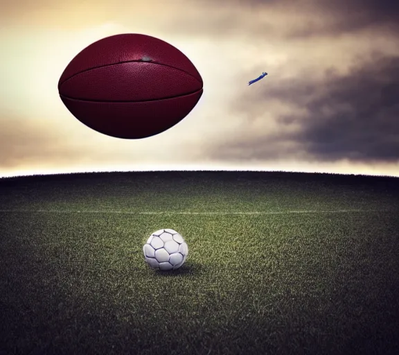 Image similar to a 4 k photorealistic photo of a football flying through the sky