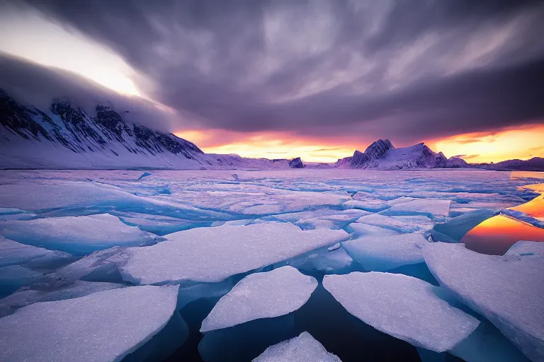 Prompt: moody landscape photography by marc adamus, greenland, sunset, ice