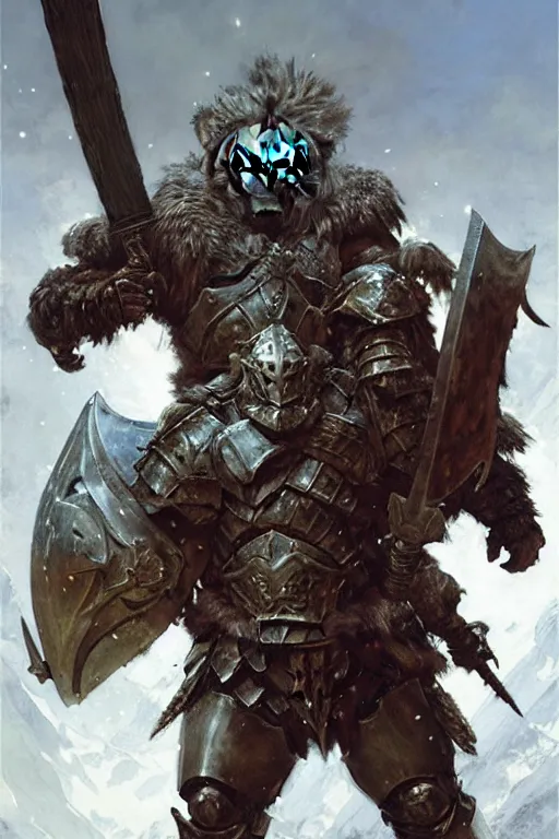 Prompt: giant hulking heavily armoured fantasy warrior with a lion head hood with a backpack full of swords and axes, portrait dnd, painting by gaston bussiere, craig mullins, greg rutkowski, yoji shinkawa